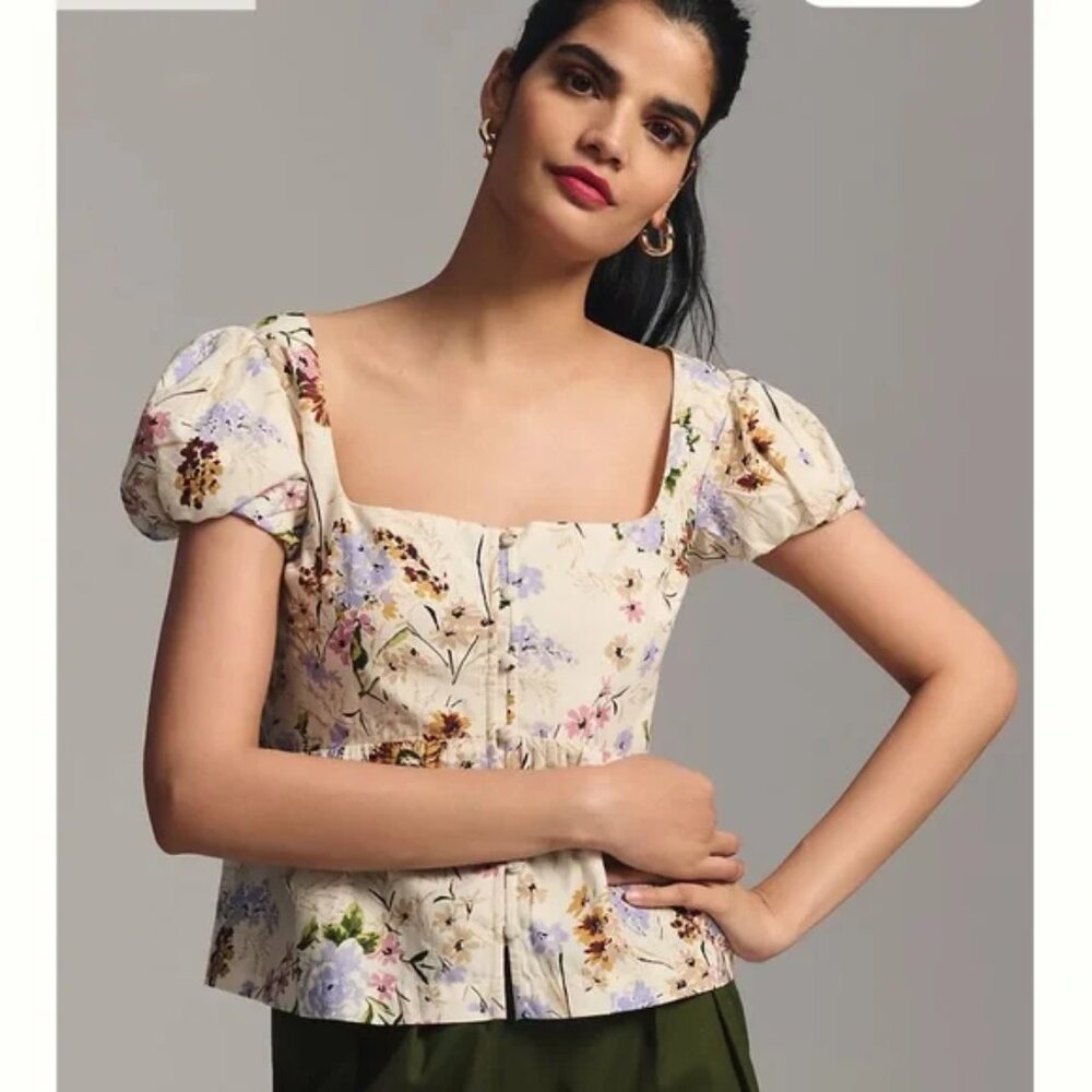 Anthropologie Puff-Sleeve Floral Peplum Top XS